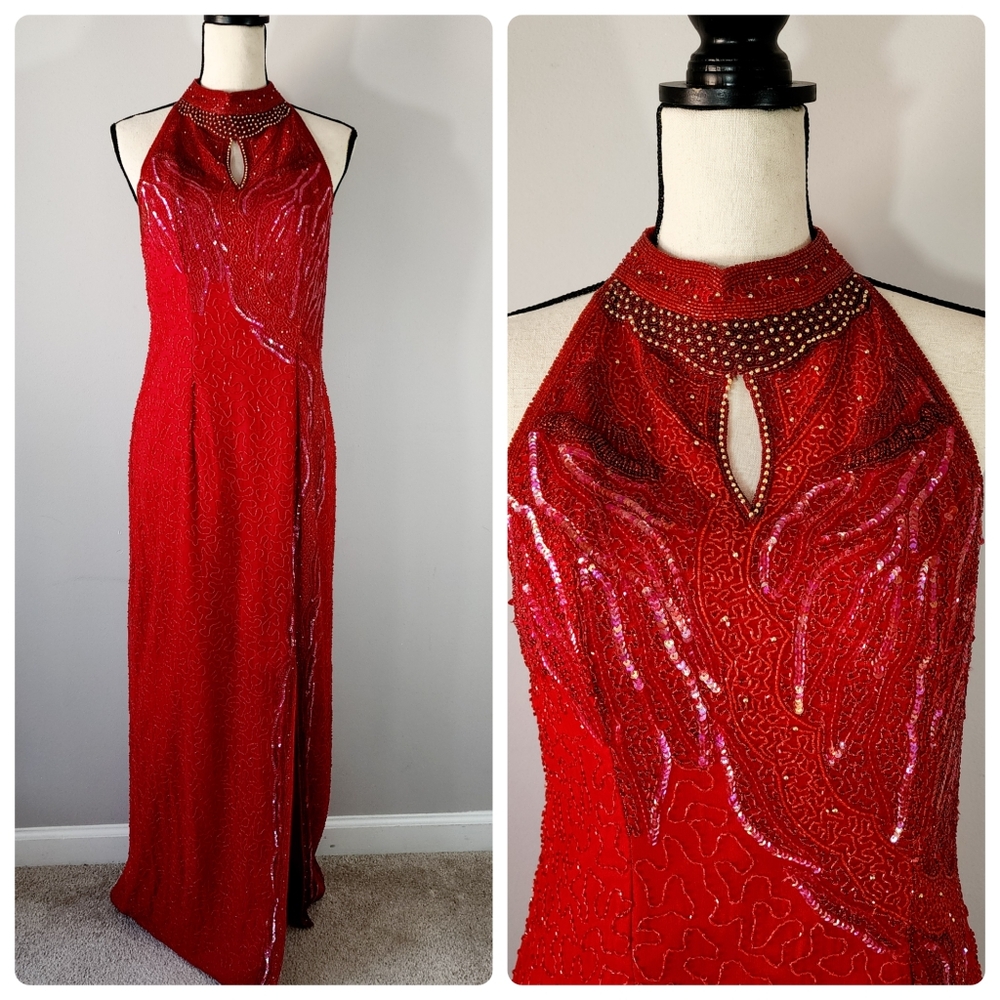 Precious Formals 100% Silk Red Formal Beaded Sequin Halter Mermaid Gown Medium